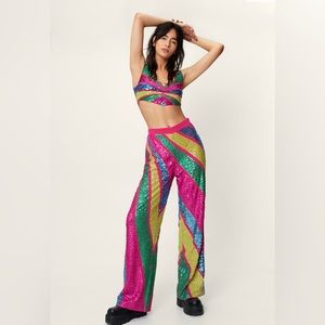 Sequin color block wide leg pant and cropped bralette set